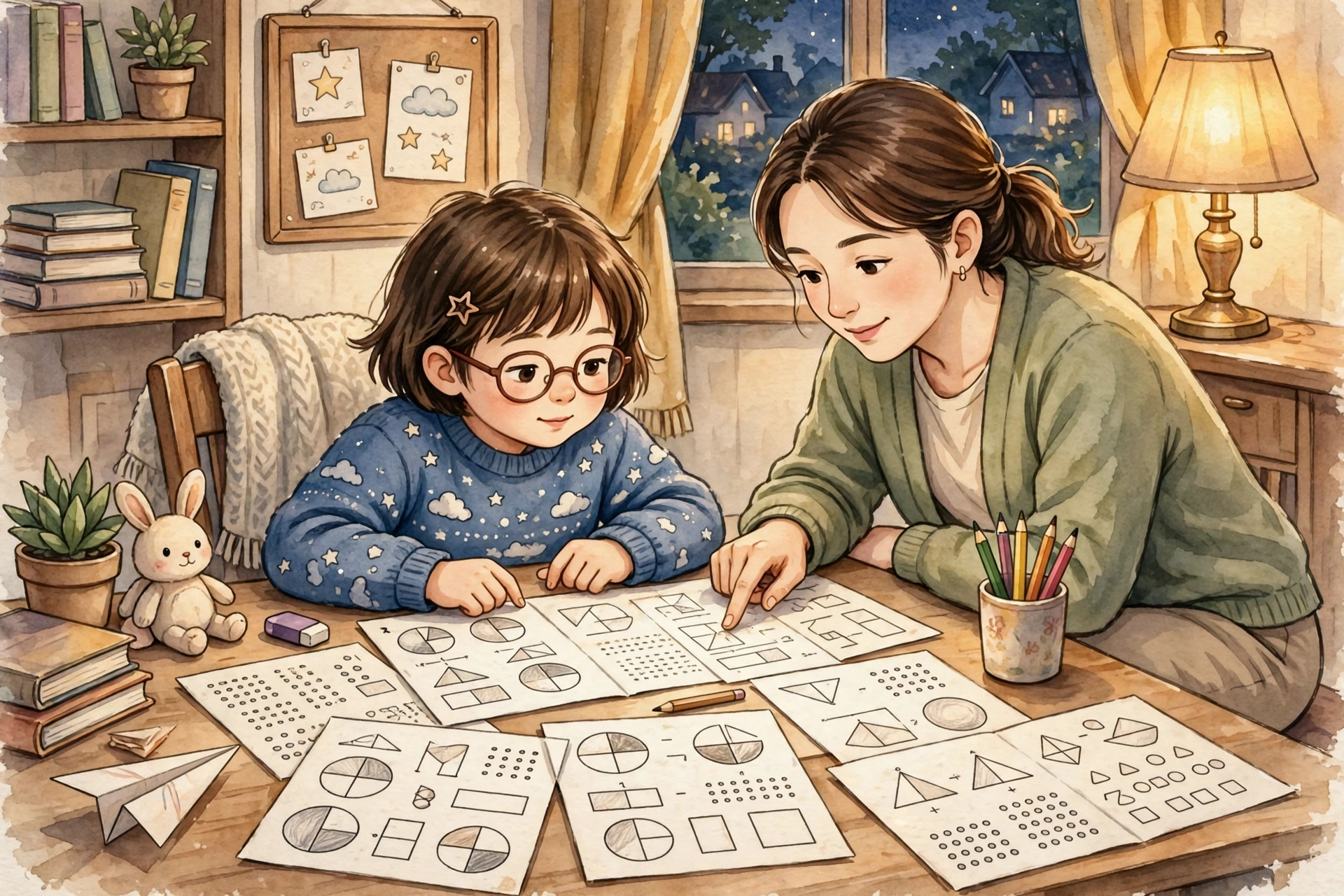 孩子用打印的电子课本预习数学